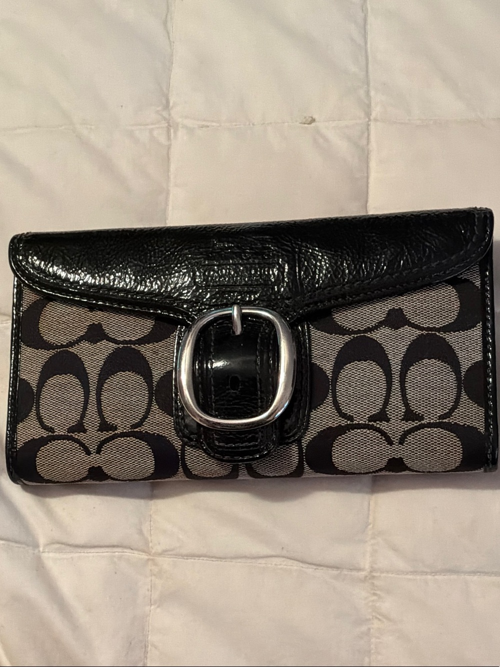 Coach Black and Tan Signature Buckle Wallet